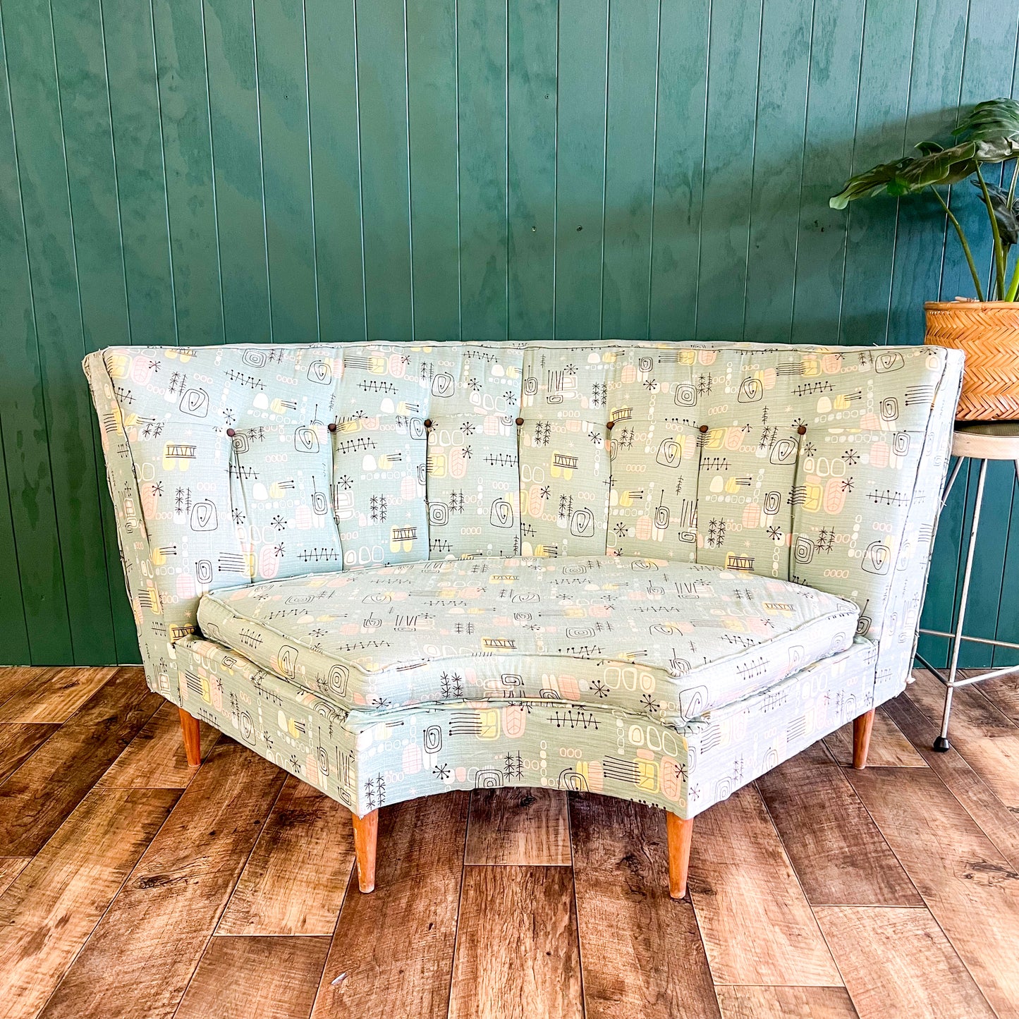 Retro Corner Lounge Piece with Atomic Barkcloth Upholstery Fabric