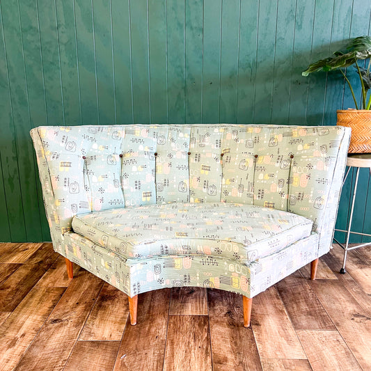 Retro Corner Lounge Piece with Atomic Barkcloth Upholstery Fabric
