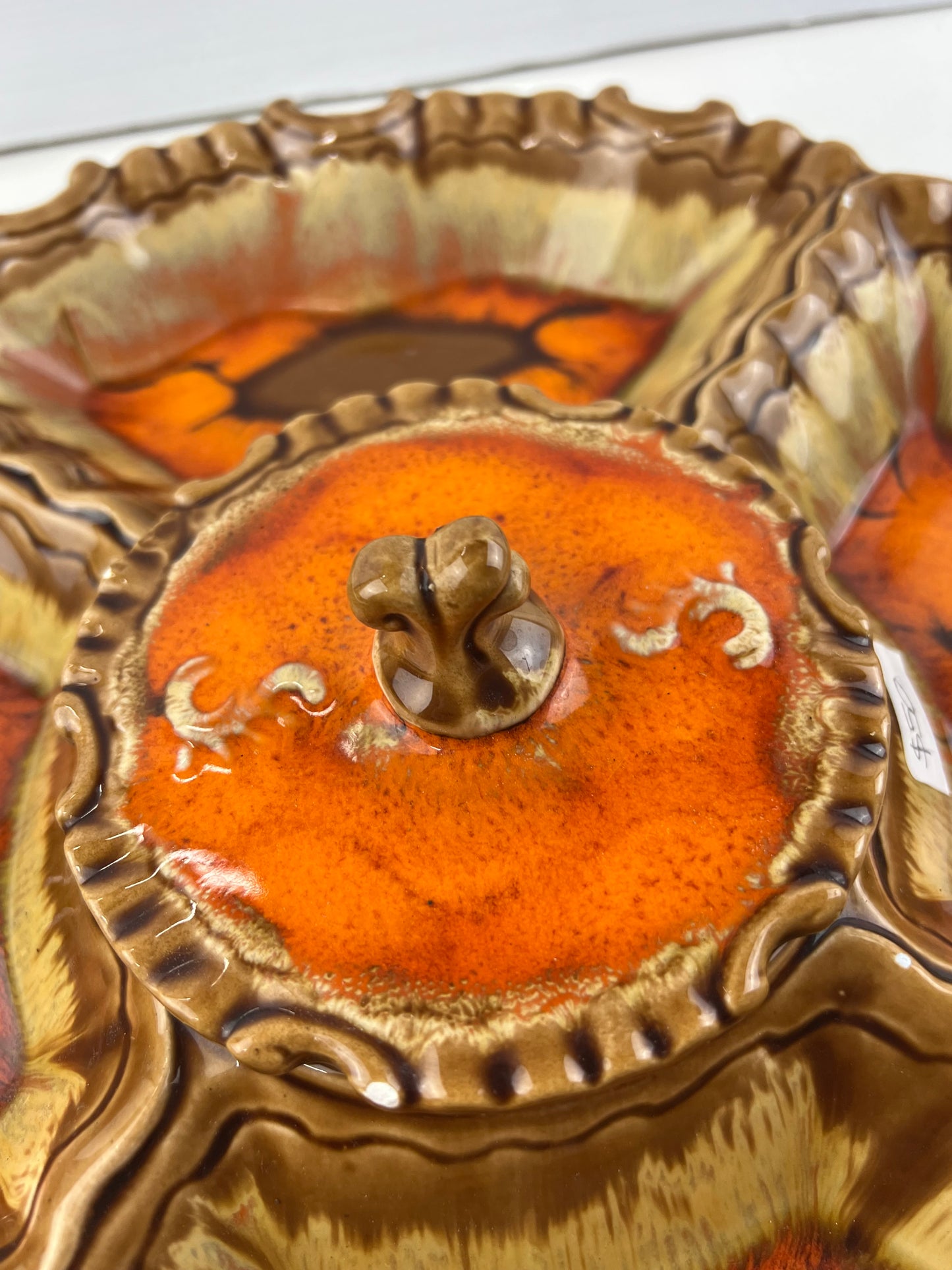 Ceramic Divided Serving Platter with Lidded Centre Bowl – Orange & Brown