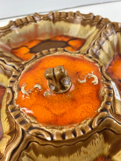 Ceramic Divided Serving Platter with Lidded Centre Bowl – Orange & Brown