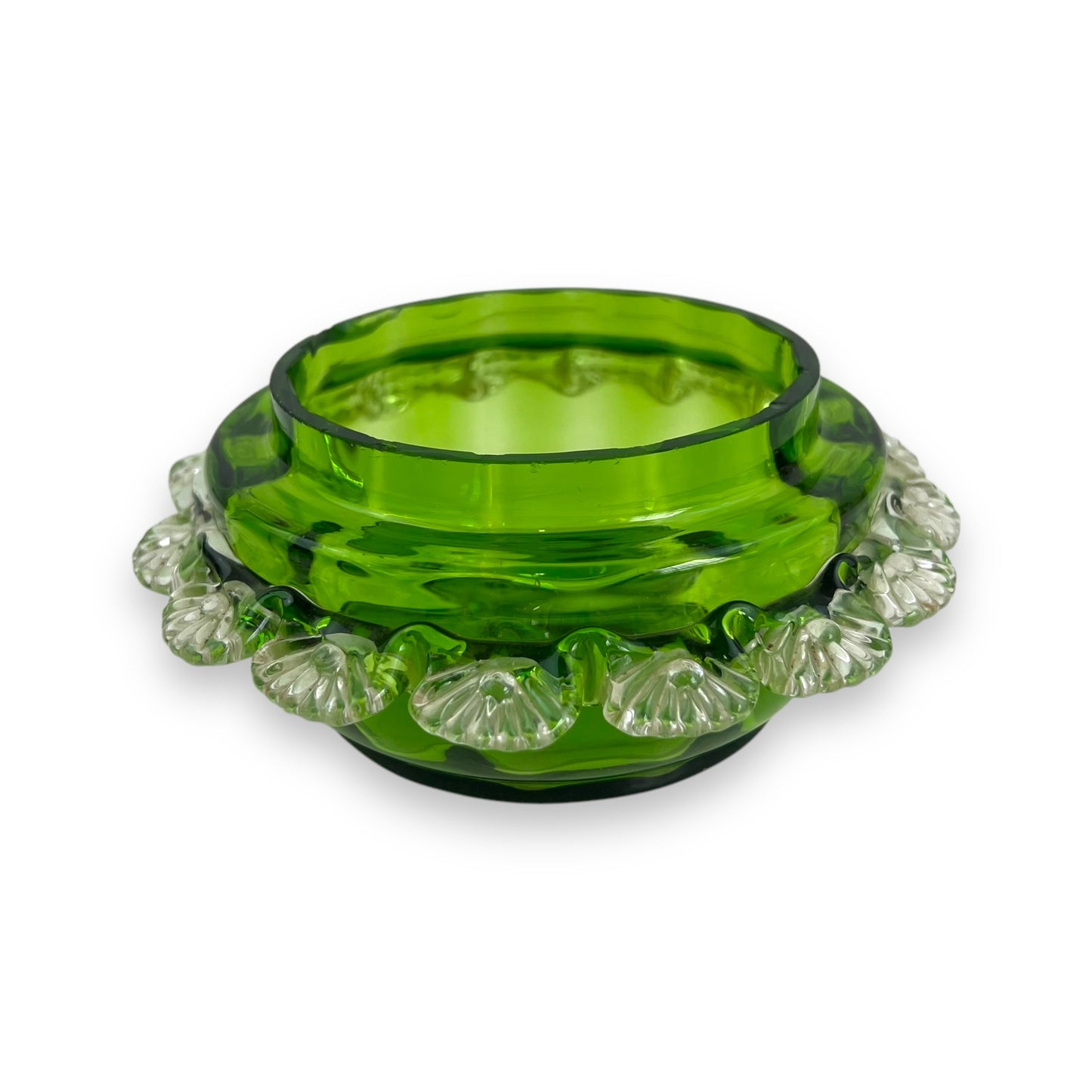 Green glass bowl dish with clear frill edge