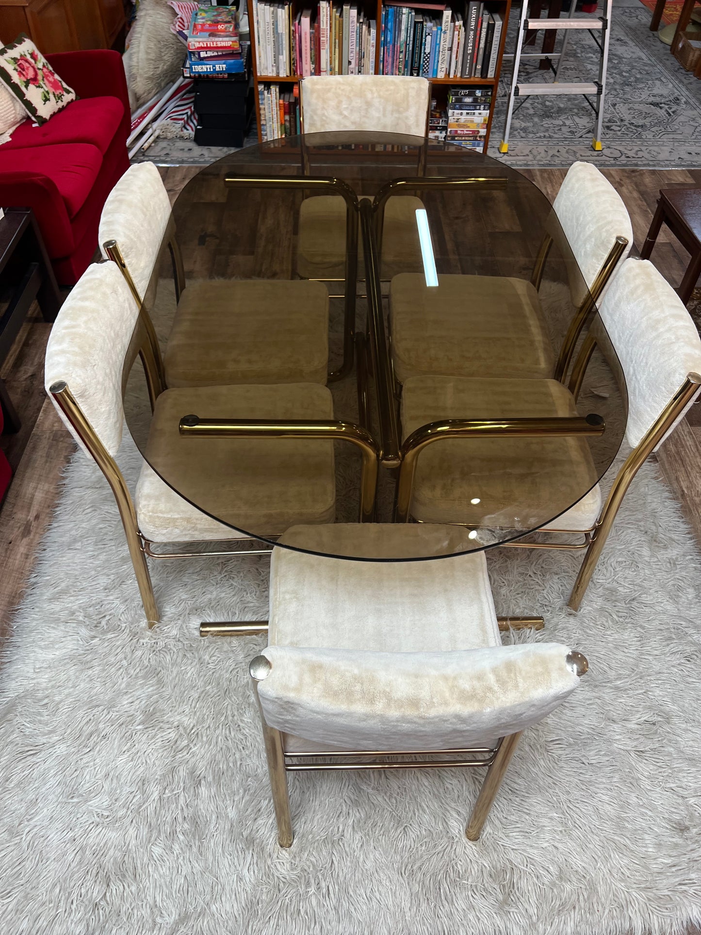 Brass & Smoked Glass Dining Table with 6 Chairs cream upholstery