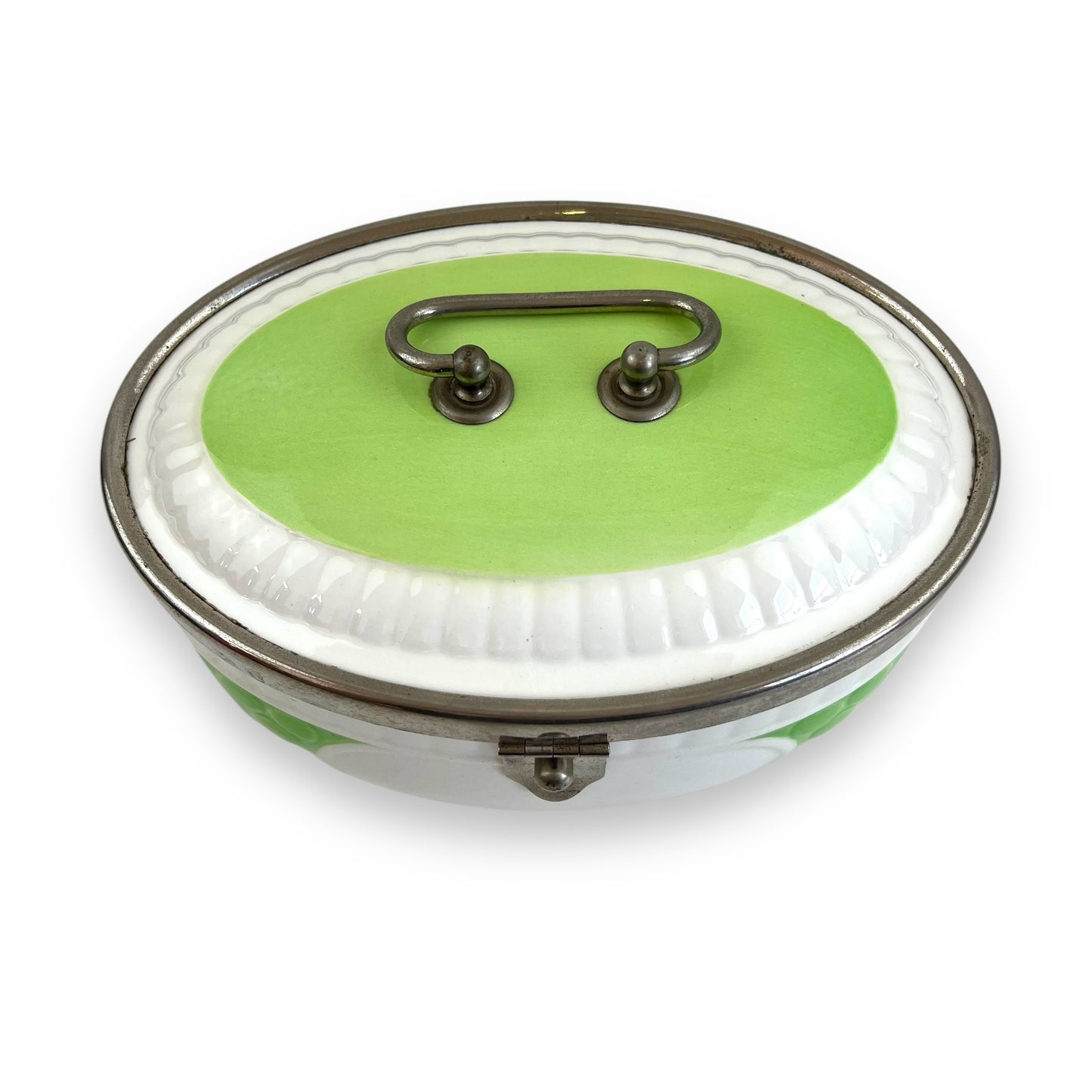 Art Deco green and white oval cookie jar