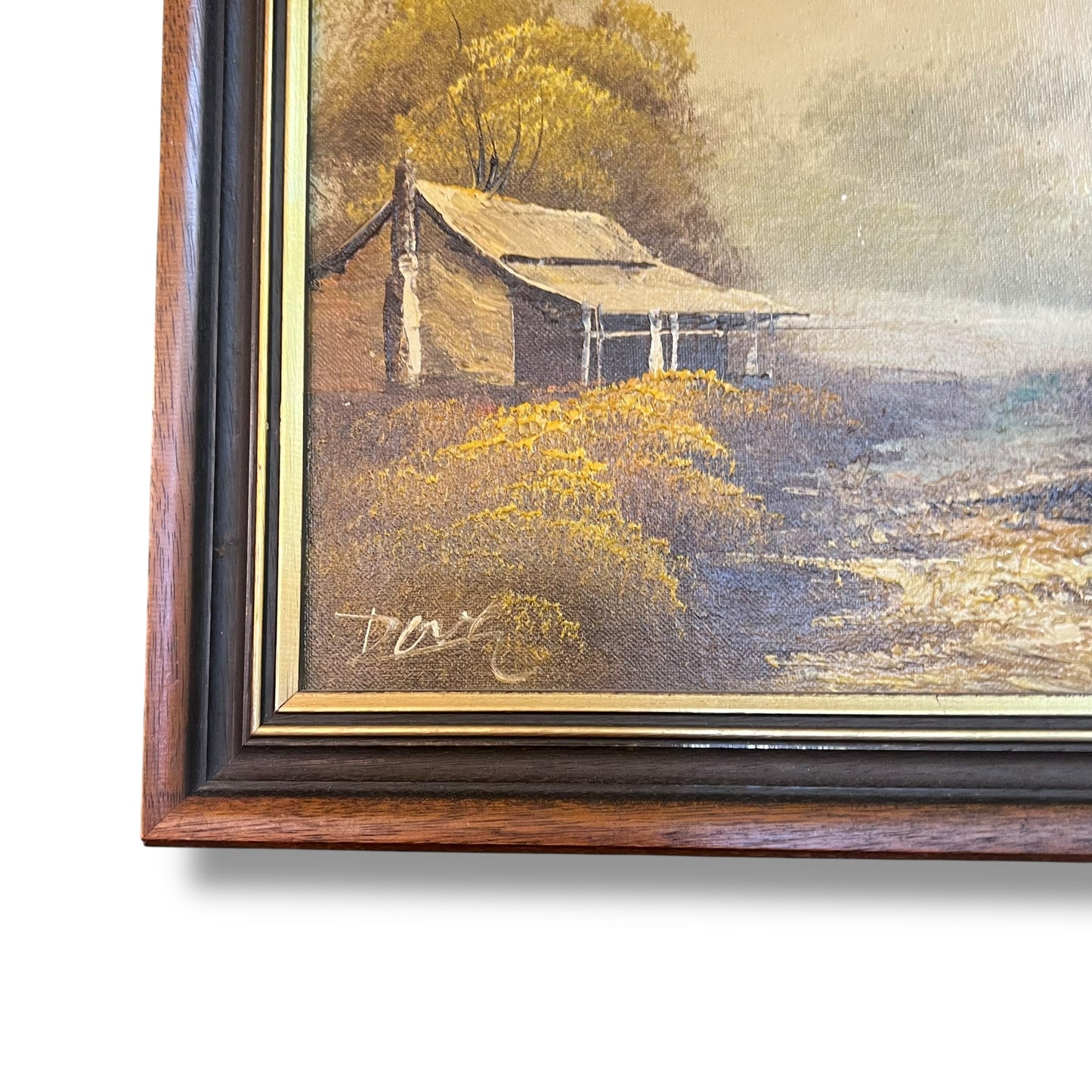 Rustic Cabin in Autumn Landscape – Vintage Framed Oil Painting Reproduction