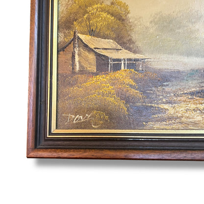 Rustic Cabin in Autumn Landscape – Vintage Framed Oil Painting Reproduction