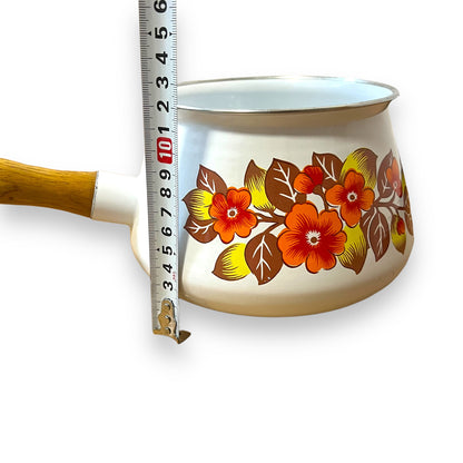 Floral Enamel Fondue Pot with Wooden Handle and Lid