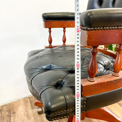 Black Leather & Wood Chesterfield Style Captains Office Chair