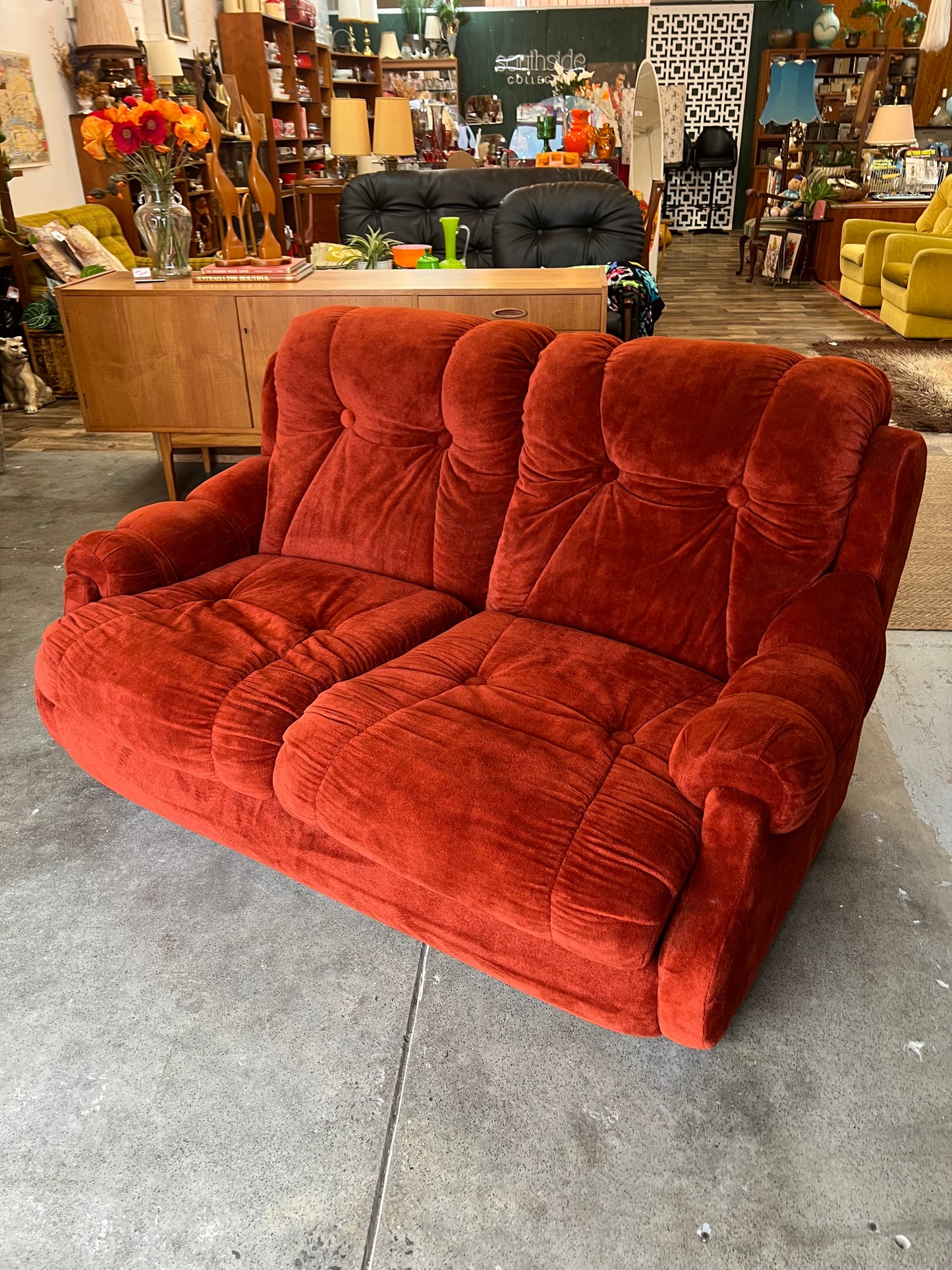 Warm Rustic Red Velvet Two Seater Lounge