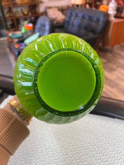 Lime Green Art Glass Ewer Vase with Clear Applied Handle – Decorative Scroll Detail