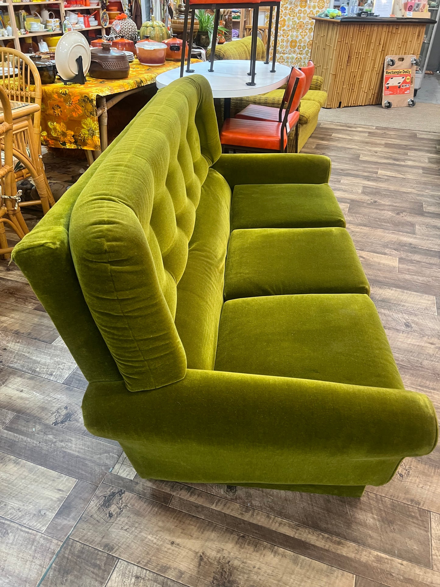 1970s Avocado Green Velvet Three Seater Lounge Sofa