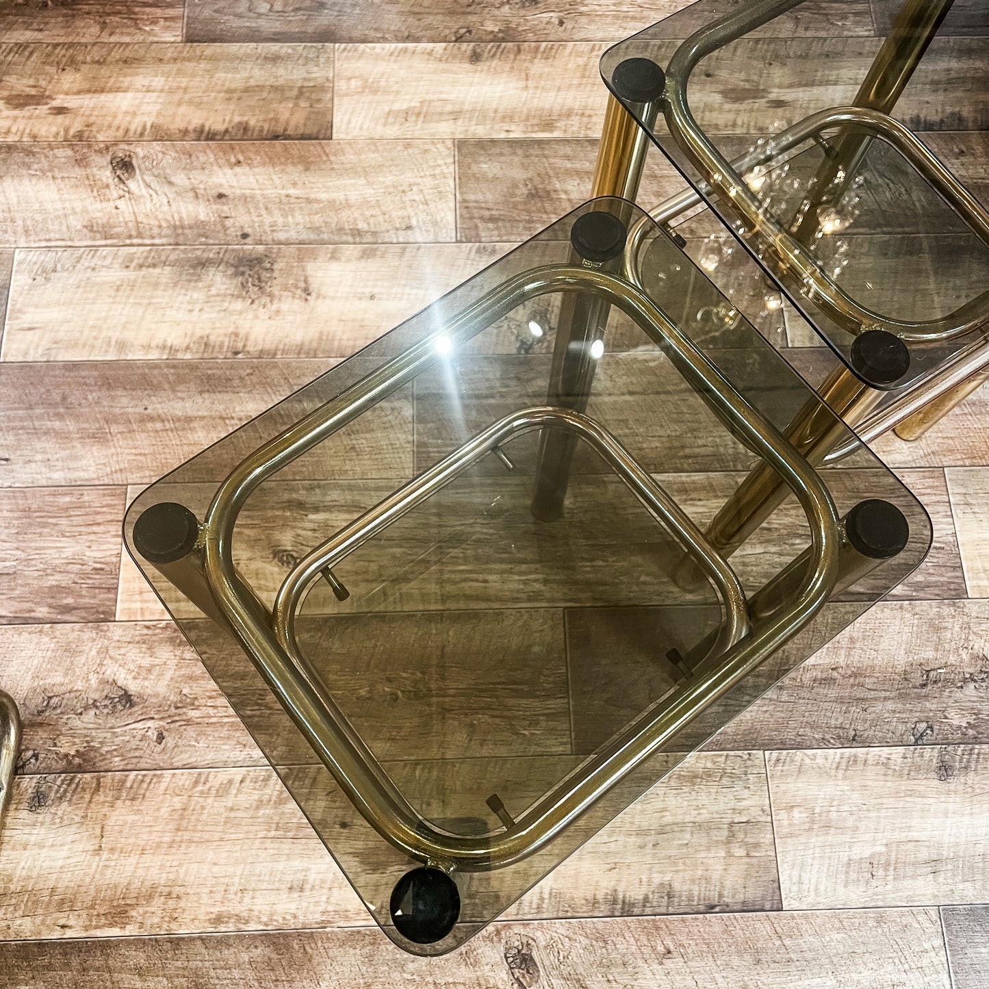 Pair of Vintage Brass & Smoked Glass Side Tables