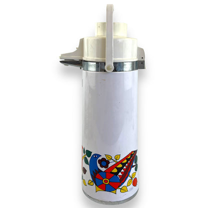 Airpot Thermos – White with Colorful Folk Art Bird Design