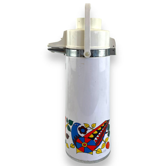 Airpot Thermos – White with Colorful Folk Art Bird Design