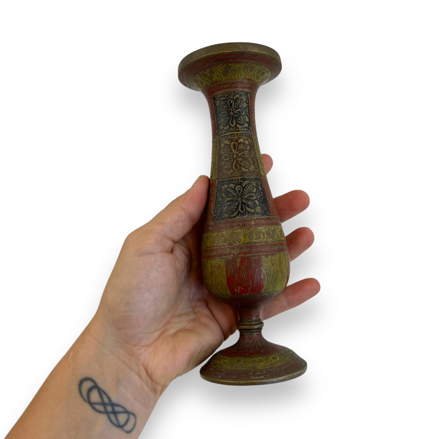 Brass Vase – Multicolored Floral Motif
