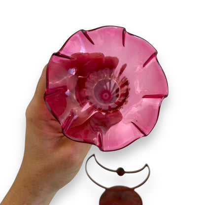 Victorian Cranberry Glass Jack-in-the-Pulpit Vase with Metal Moon Stand (1850-1899)