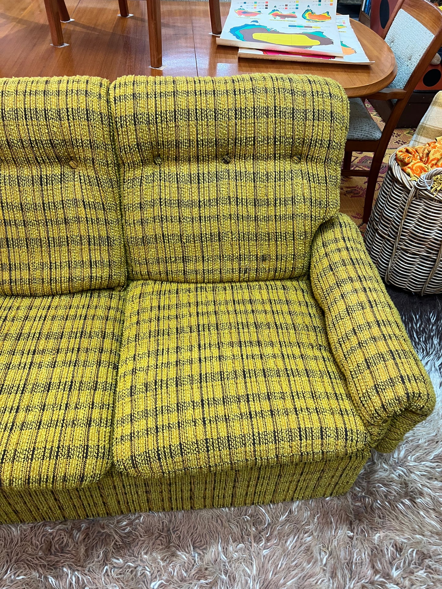 1970s Mustard Yellow Textured Fabric 2-Seater Lounge