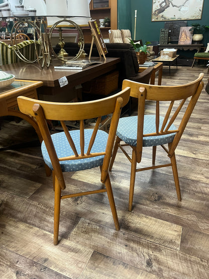 Pair of Timber Dining Chairs with Blue Patterned Upholstered Seats