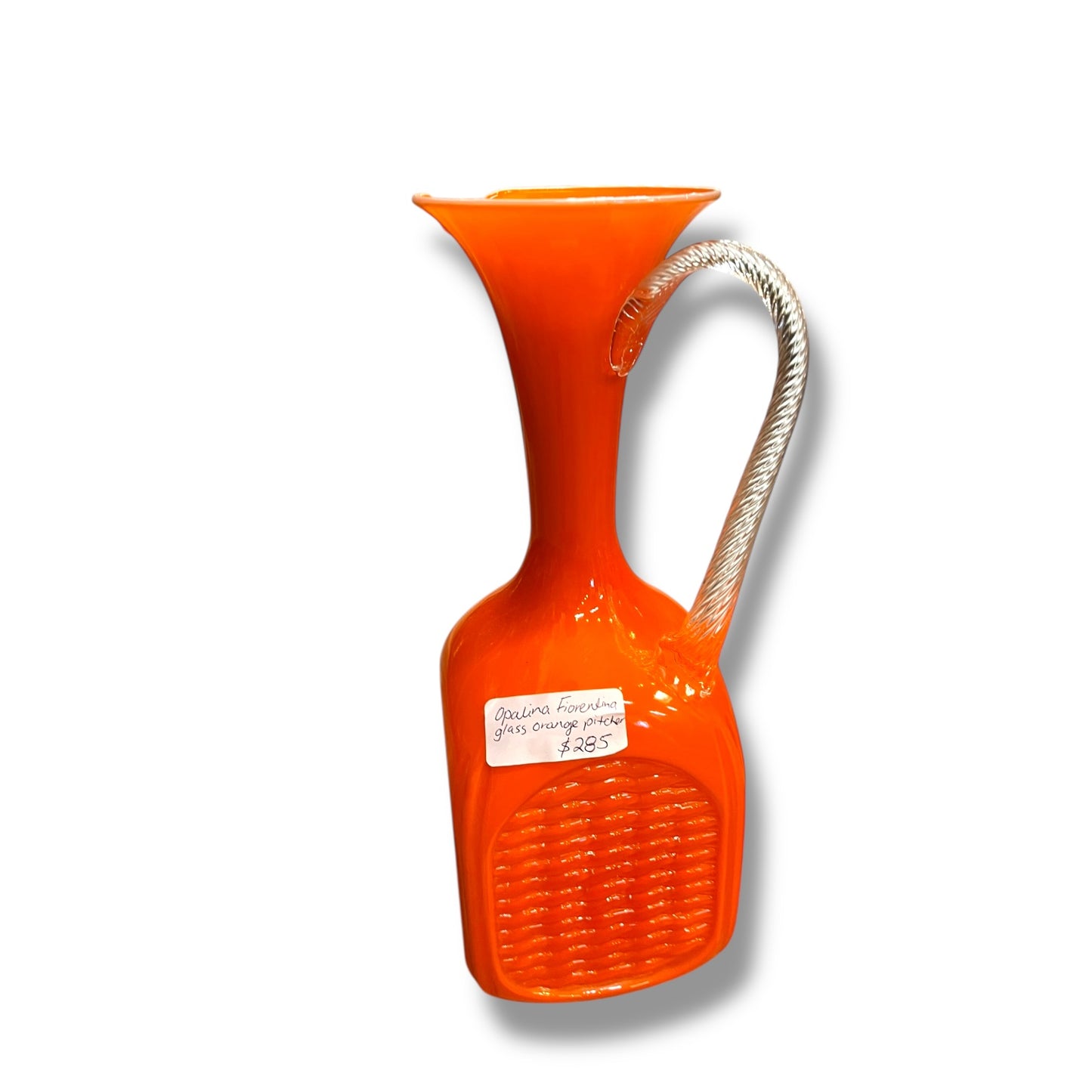 Empoli Italian Art Glass Ewer — Palina Fiorentina Orange with Twisted Clear Handle