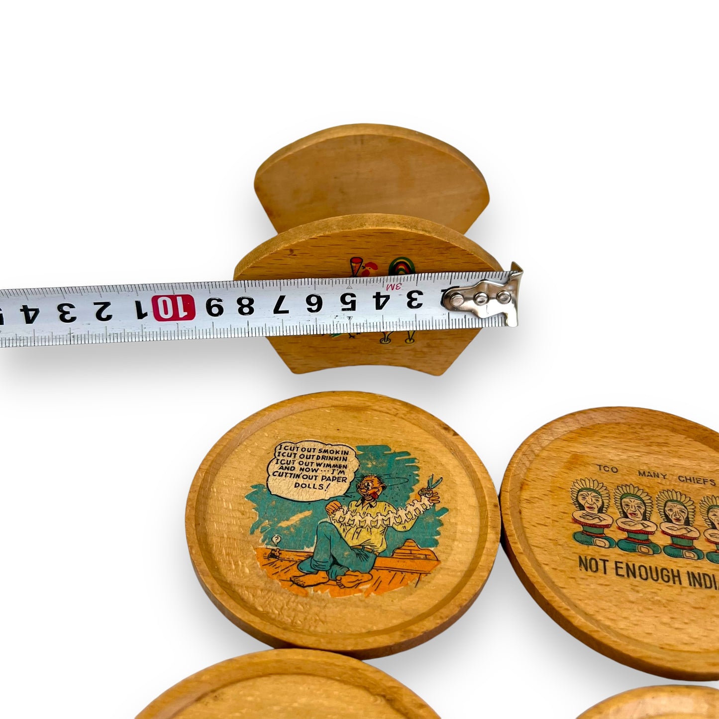Vintage Wooden Novelty drink coaster set in holder