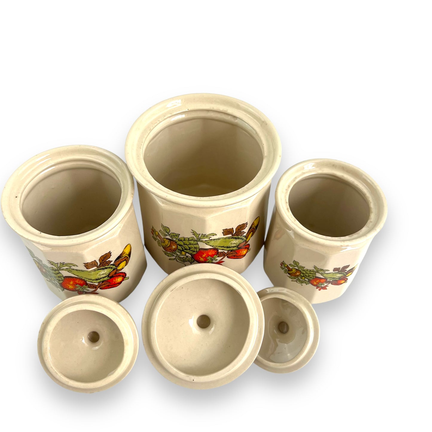 Beige Ceramic Canister set of 3 with colourful vegetable decals.