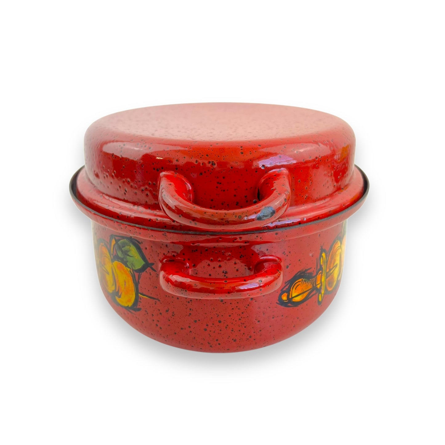 Red Enamelware Dutch Oven – Hand-Painted Fruit Motif, Two-Piece Roasting Pan