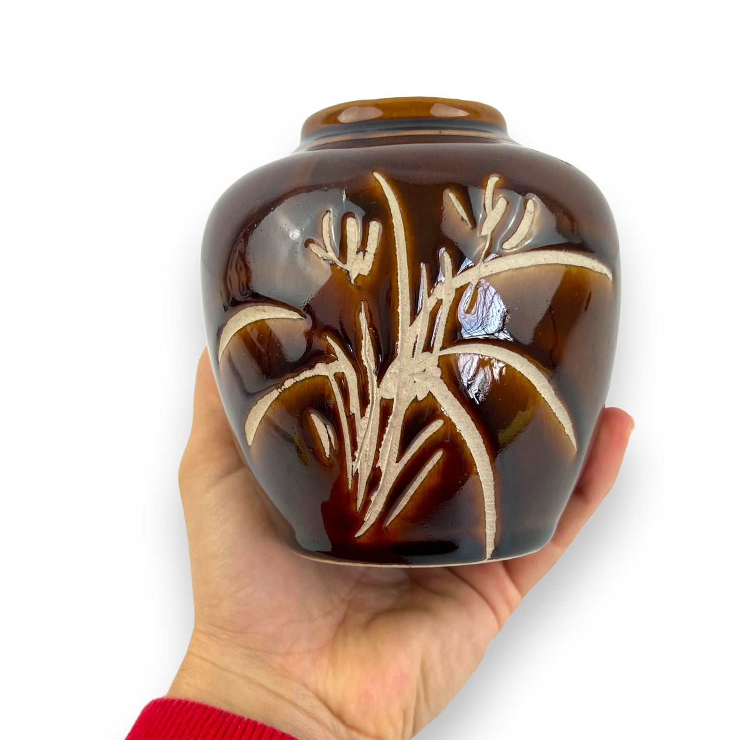 Brown Vase Etched Grass Design