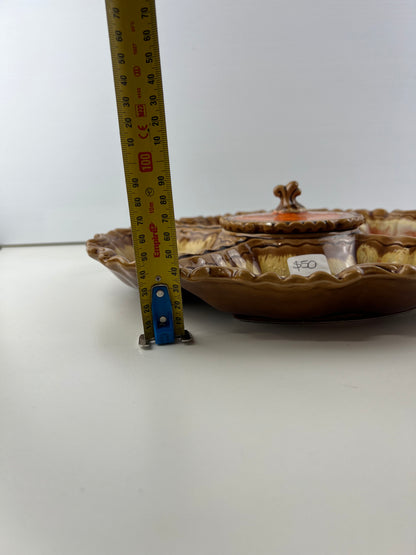 Ceramic Divided Serving Platter with Lidded Centre Bowl – Orange & Brown