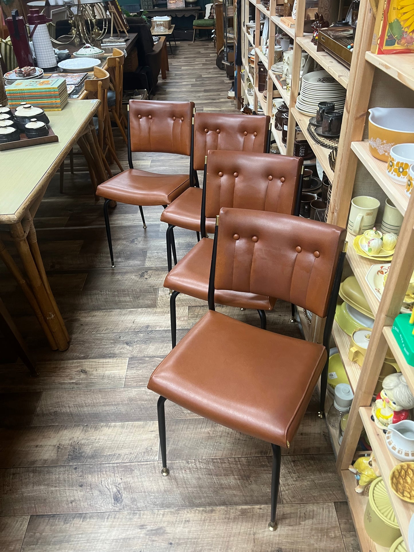 Set of 4 Mid Century Brown Vinyl Dining Chairs with Black Metal Frames