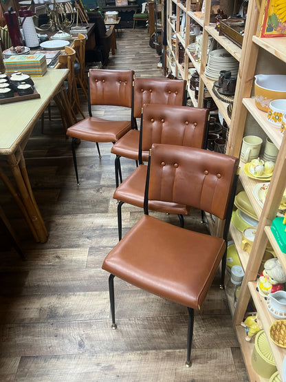 Set of 4 Mid Century Brown Vinyl Dining Chairs with Black Metal Frames