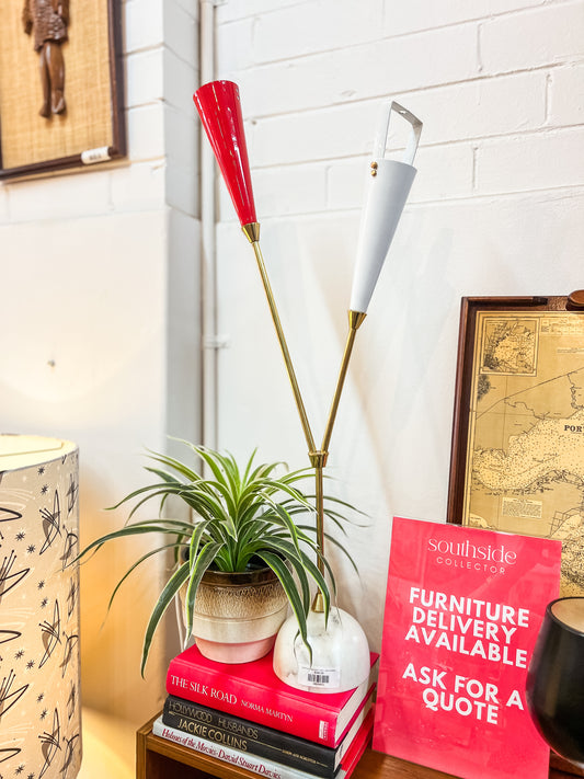 Red & White Mid Century Lamp — Brass & Marble Base, Red and White Shades (Missing Outer Reflector Shade)
