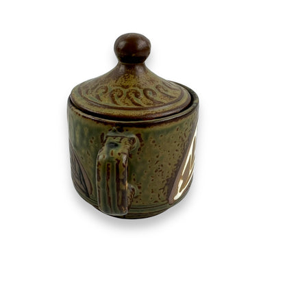 Pottery Leaf Dark Green Sugar Bowl with Lid - Made in Japan