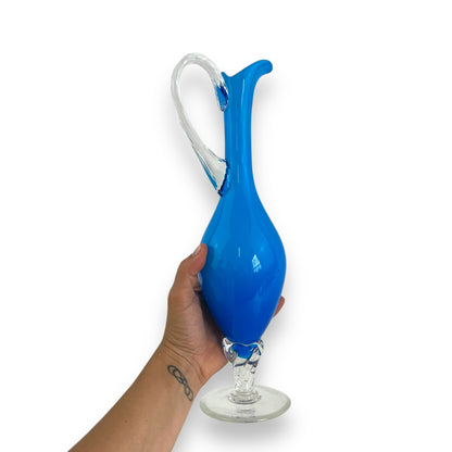 Italian Empoli Blue Cased Glass Pedestal Pitcher with Clear Twisted Handle