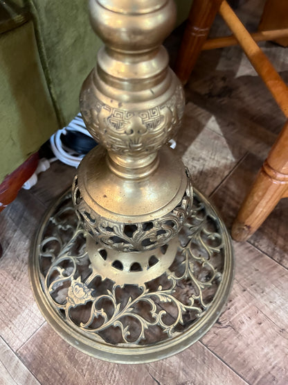Ornate Brass Floor Lamp with Original Mustard Shade
