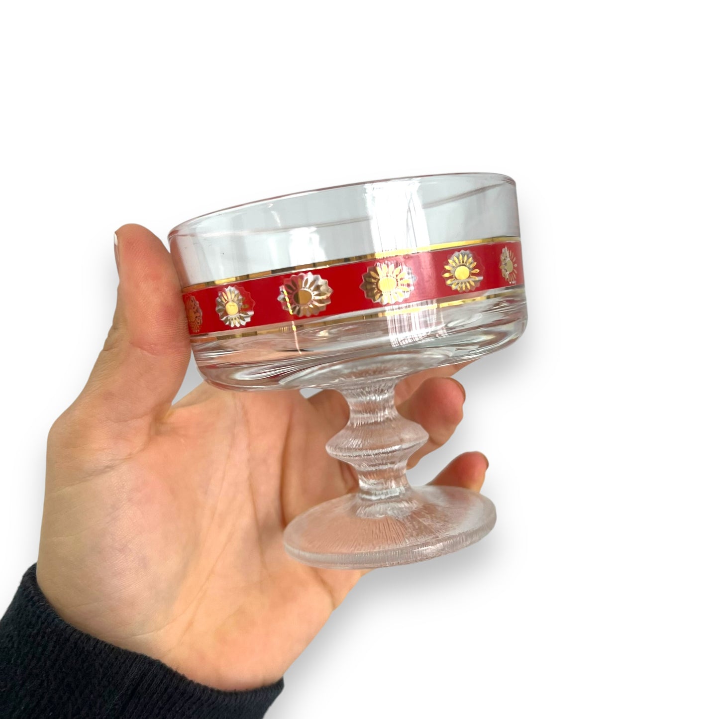 Red & Gold Patterned clear glass footed dessert dish set of 4