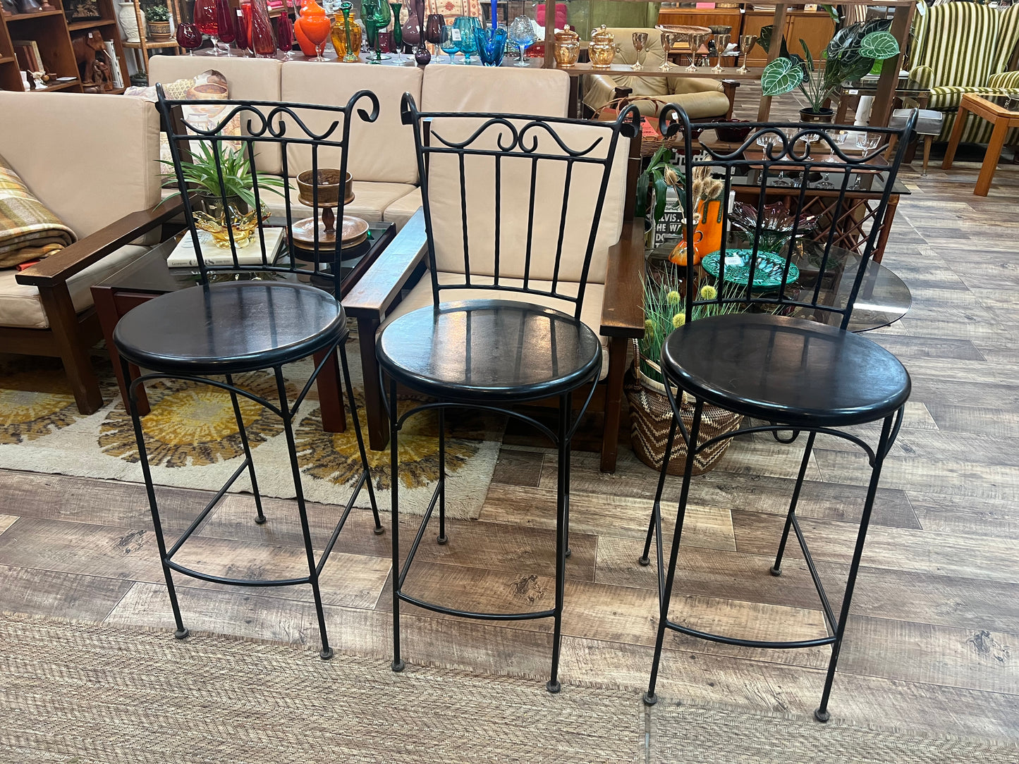 Set of 3 Black Vintage Wrought Iron Bar Stools