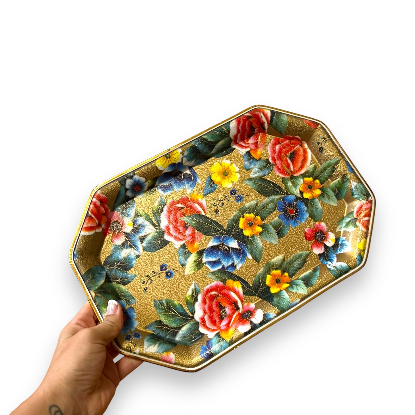 Floral Gold-Toned Metal Serving Tray - Vibrant Flower Pattern, Octagonal Shape