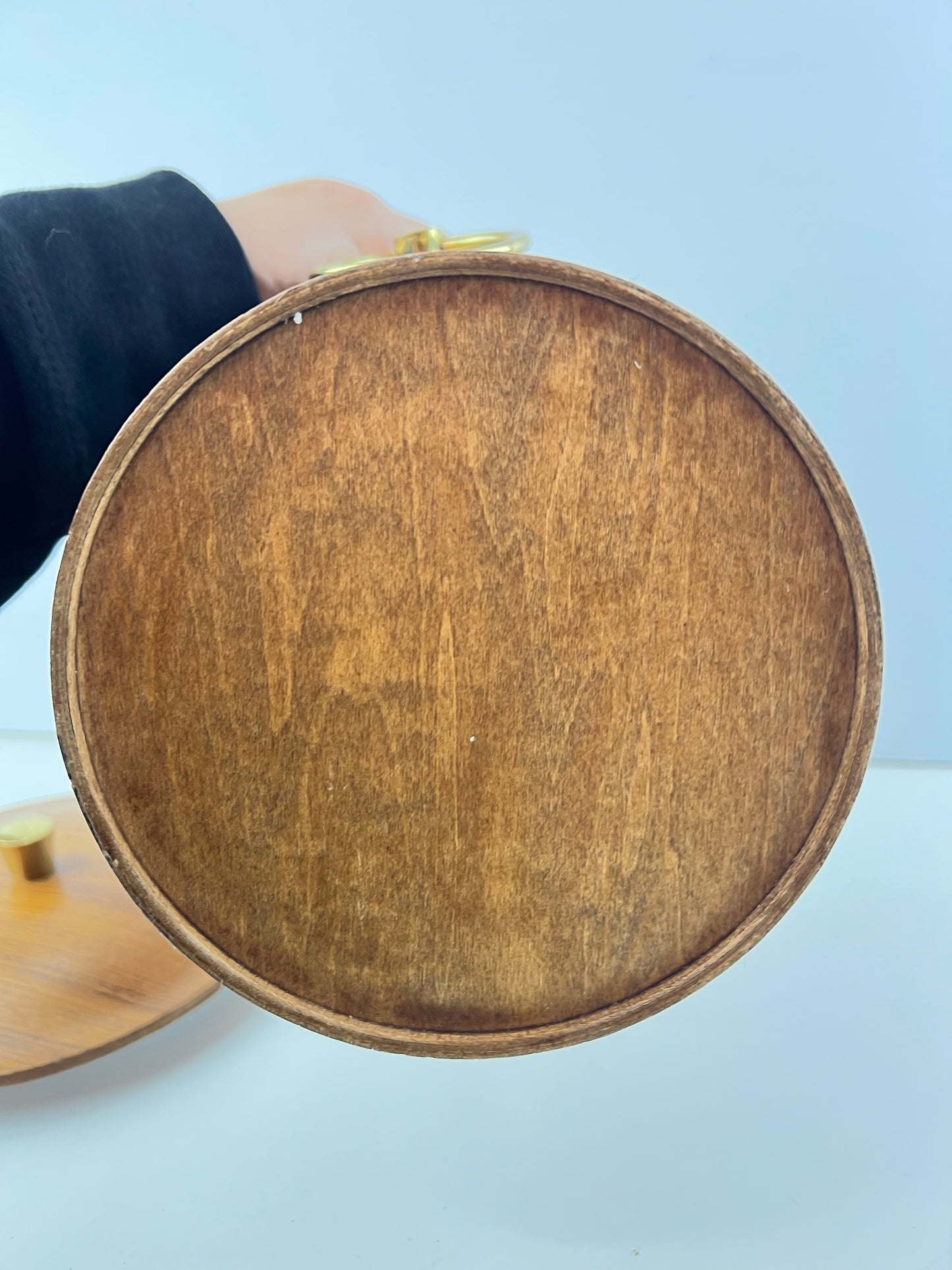 Teak Veneer & Brass Ice Bucket with Ring Handles