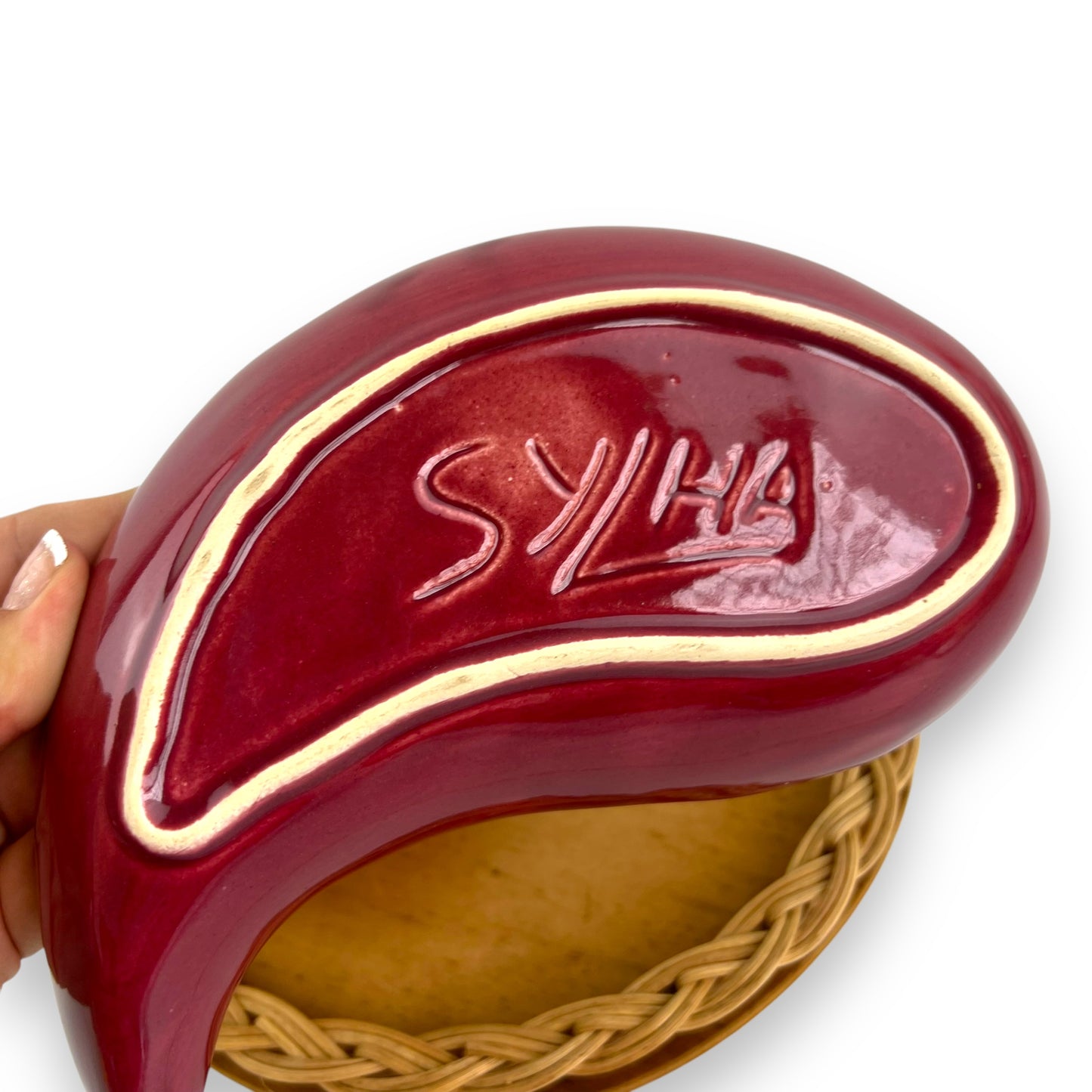 Yellow & Maroon ceramic snack tray on cane carrier