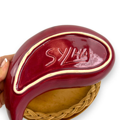 Yellow & Maroon ceramic snack tray on cane carrier