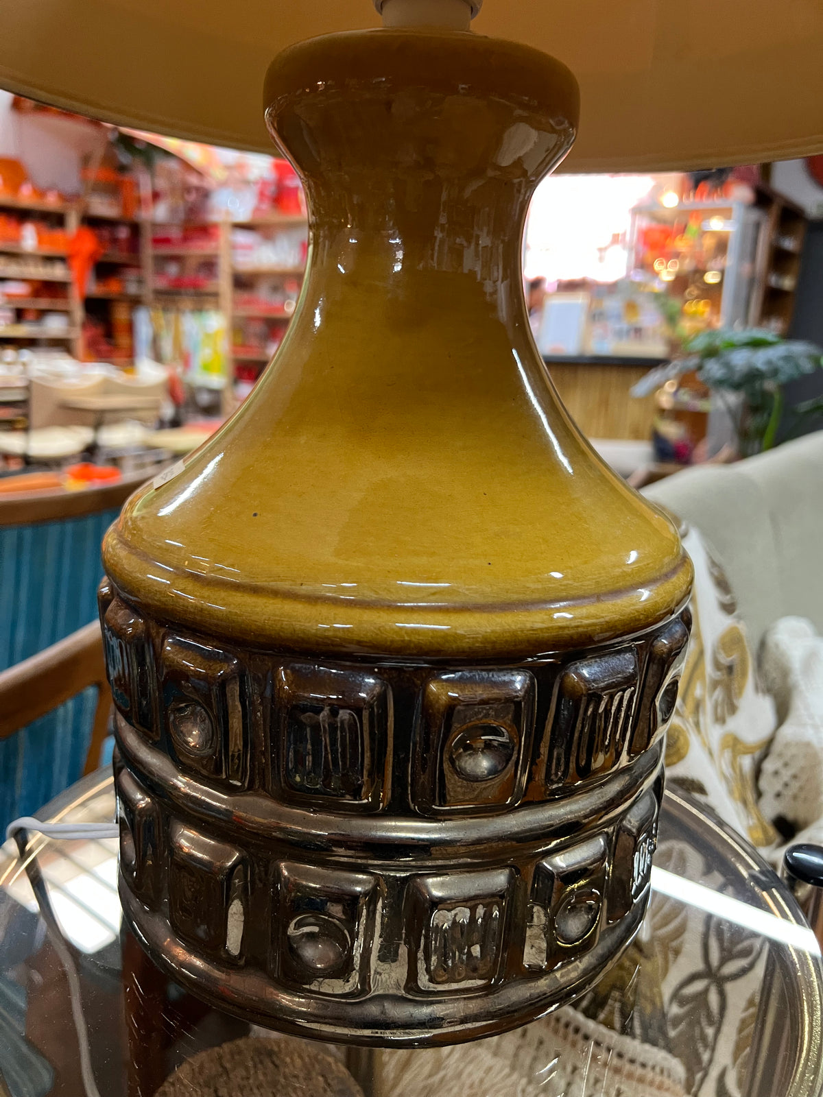 1970s Mustard & Brown Ceramic Table Lamp with Original Shade
