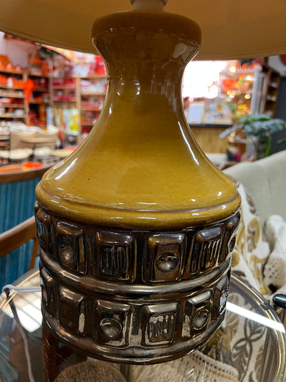 1970s Mustard & Brown Ceramic Table Lamp with Original Shade