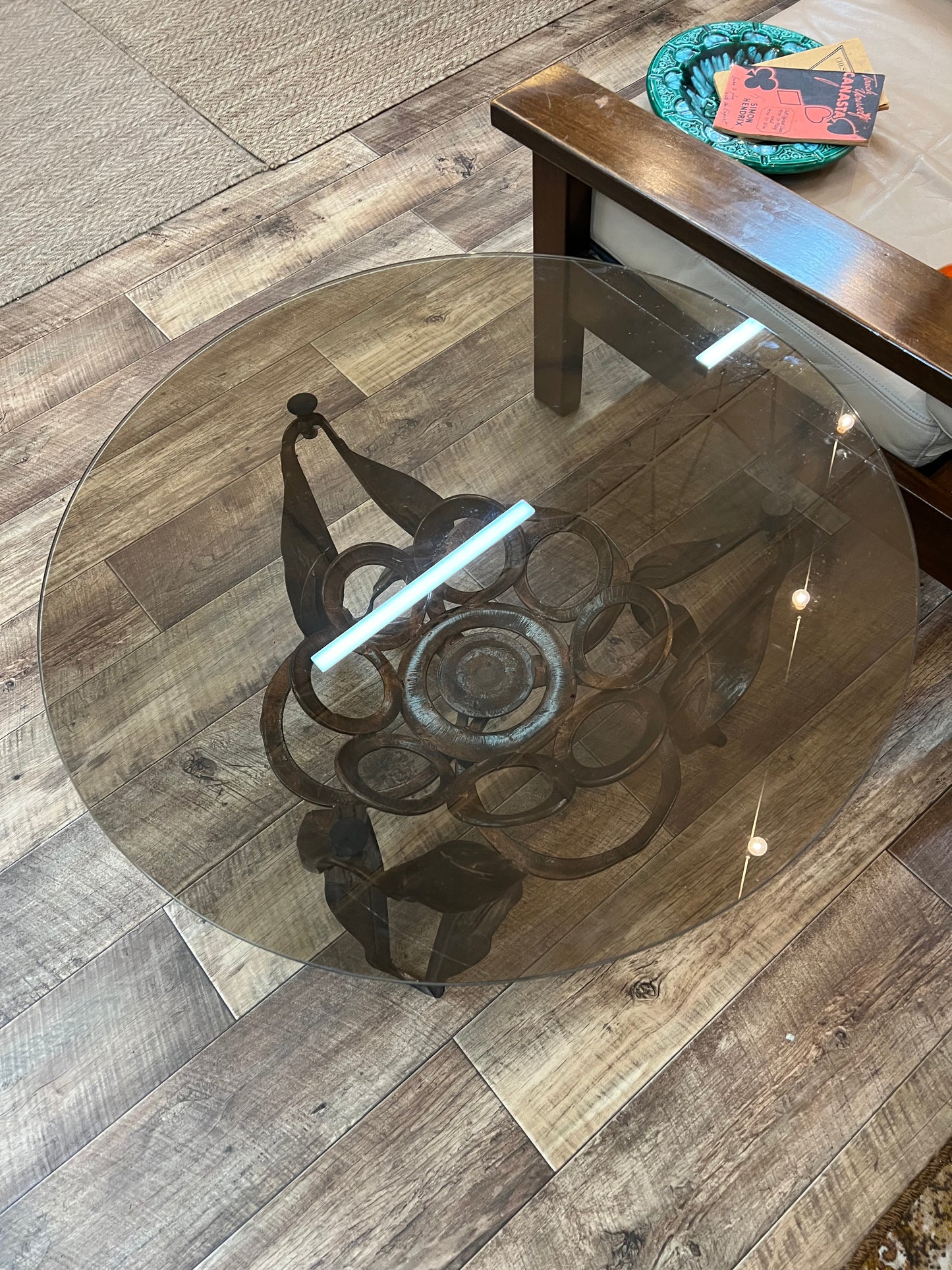 Mid Century Australian Brutalist Round Coffee Table with Smoked Glass Top