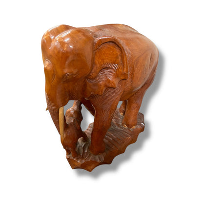 Large Hand-Carved Wooden Elephant and Calf Sculpture