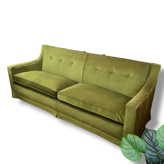 Vintage Designer Lounge Sofa — Green Velvet Upholstery, Feather Cushions