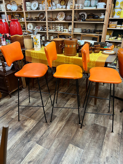 Orange Vinyl Bar Stools – Set of 3