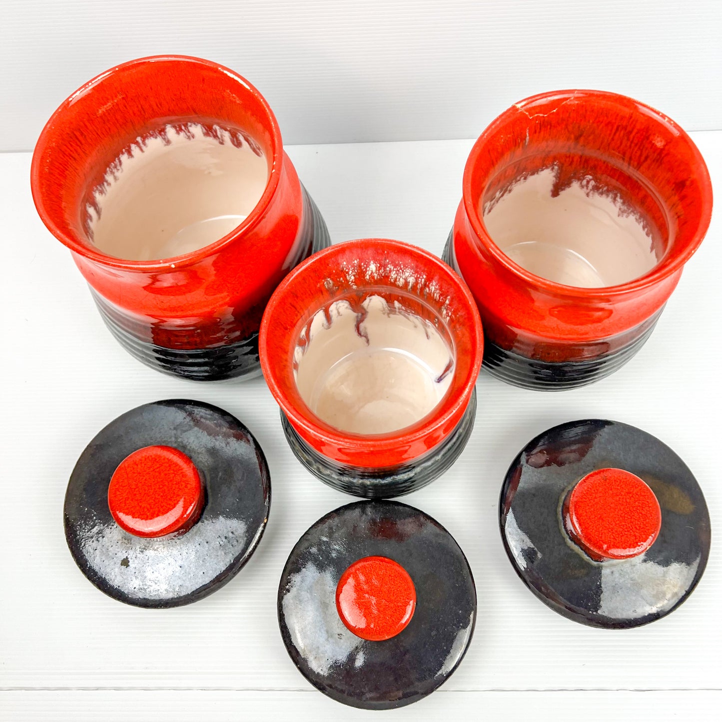 Mid Century Redish Orange & Black Glazed Kitchen Storage Jar Canisters with matching lids