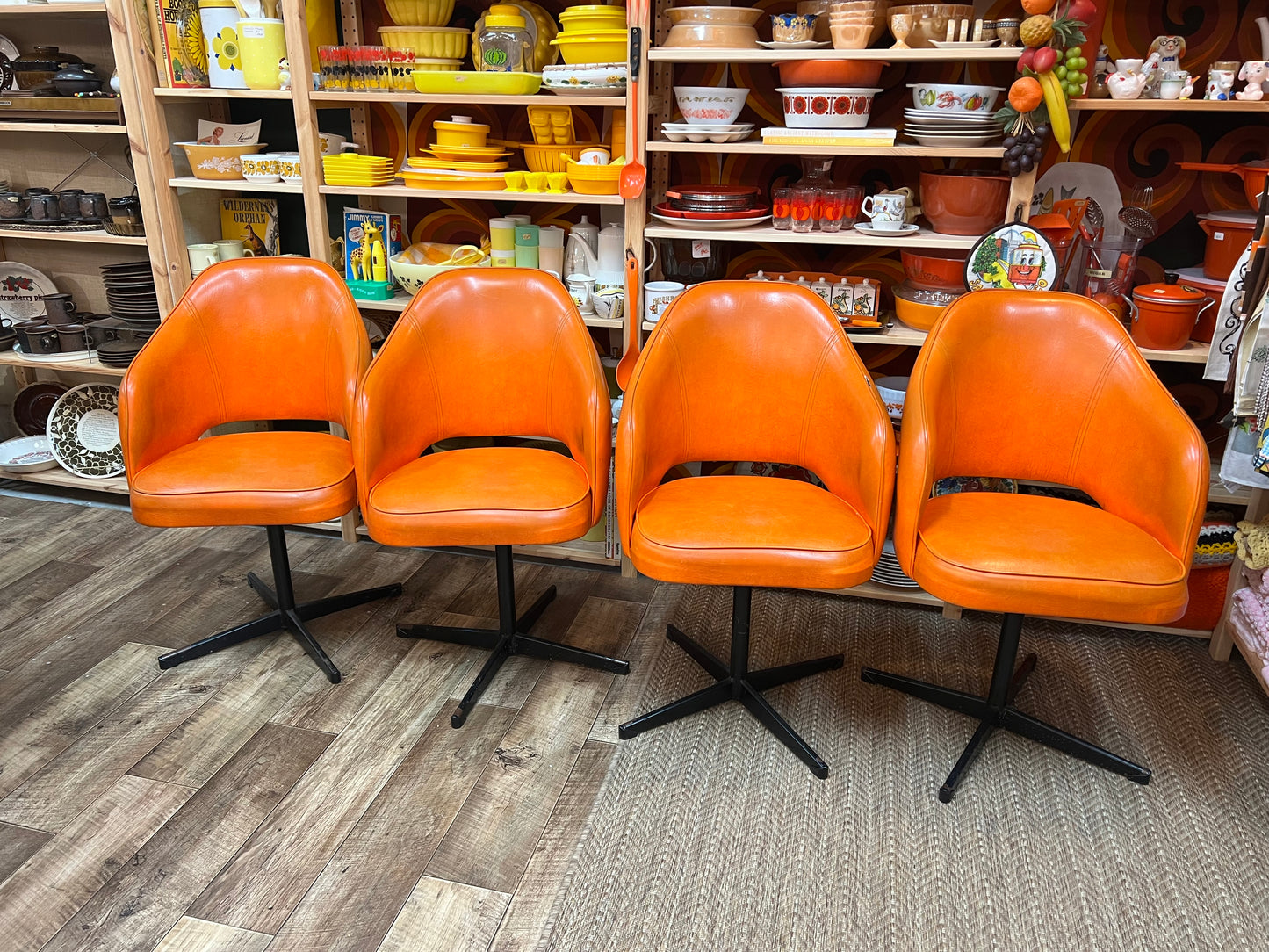 Set of 4 Retro Orange Swivel Dining Chairs