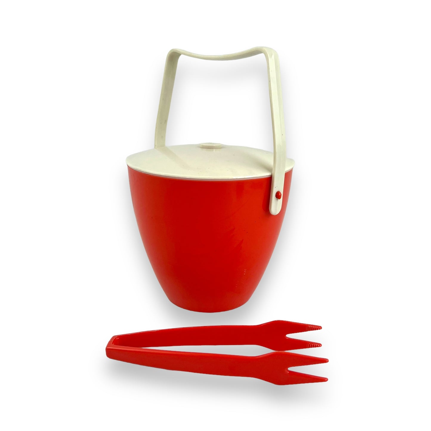 Orange red plastic ice bucket with tongs
