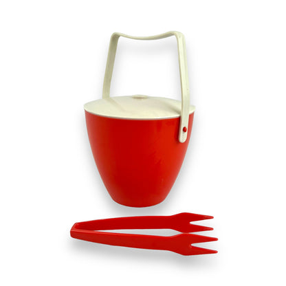 Orange red plastic ice bucket with tongs