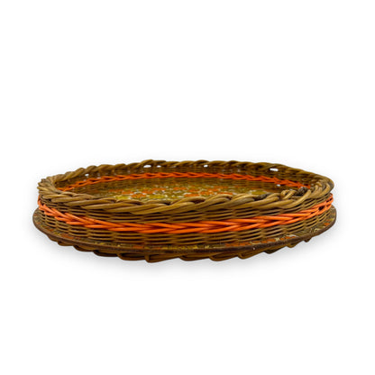 Orange flower round cane tray